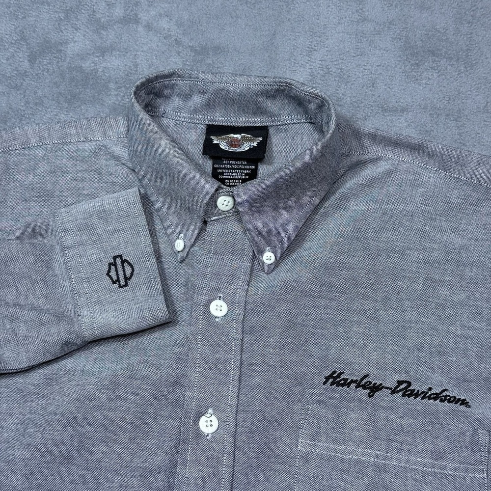 Harley Davidson Button Shirt Mens L Gray Twill Pocket Spellout Heathered Y2K USA